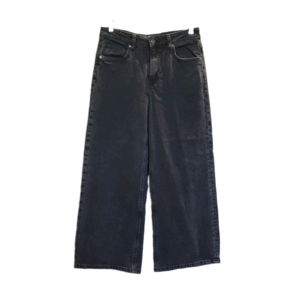 H&M Women High Waist Wide Leg SZ 8 30 X 25 inch Black Wash Jeans Comfort Stretch